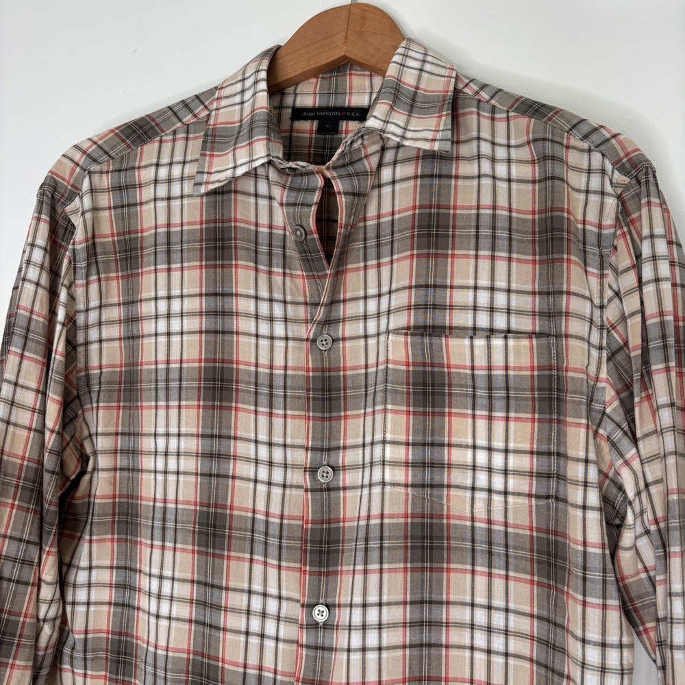 John Varvatos Brown Red Plaid Classic Oxford Button Down Size Medium - Picture 2 of 5